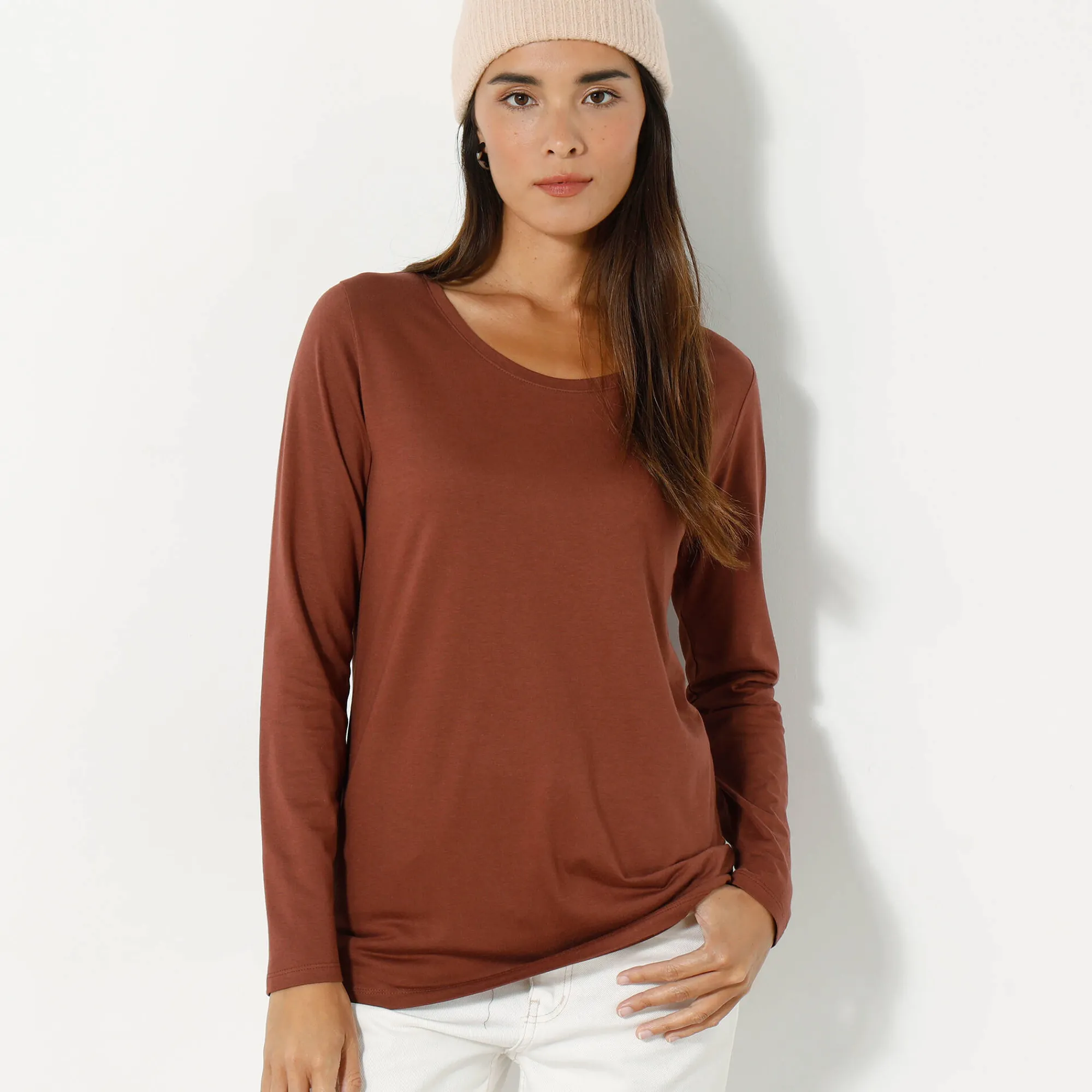 T-Shirt En Topje<Blancheporte Effen T-shirt met ronde hals en lange mouwen chocolade