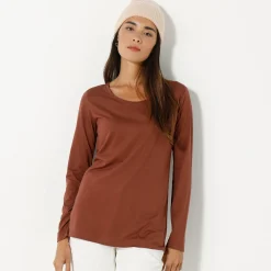 T-Shirt En Topje<Blancheporte Effen T-shirt met ronde hals en lange mouwen chocolade