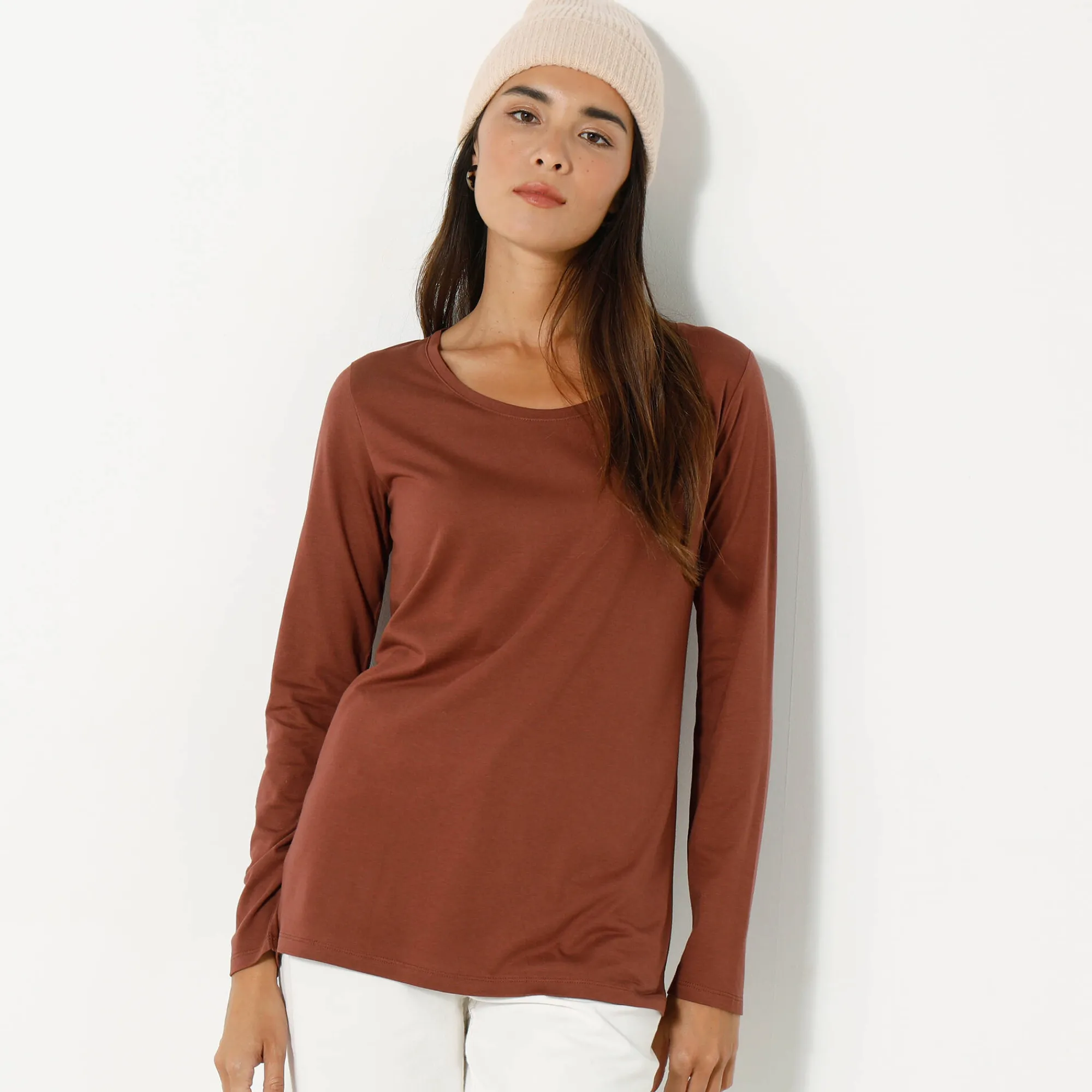 T-Shirt En Topje<Blancheporte Effen T-shirt met ronde hals en lange mouwen chocolade