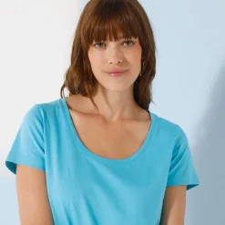 T-Shirt En Topje<Blancheporte Effen T-shirt met ronde hals en korte mouwen, katoen turkooisblauw