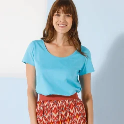 T-Shirt En Topje<Blancheporte Effen T-shirt met ronde hals en korte mouwen, katoen turkooisblauw