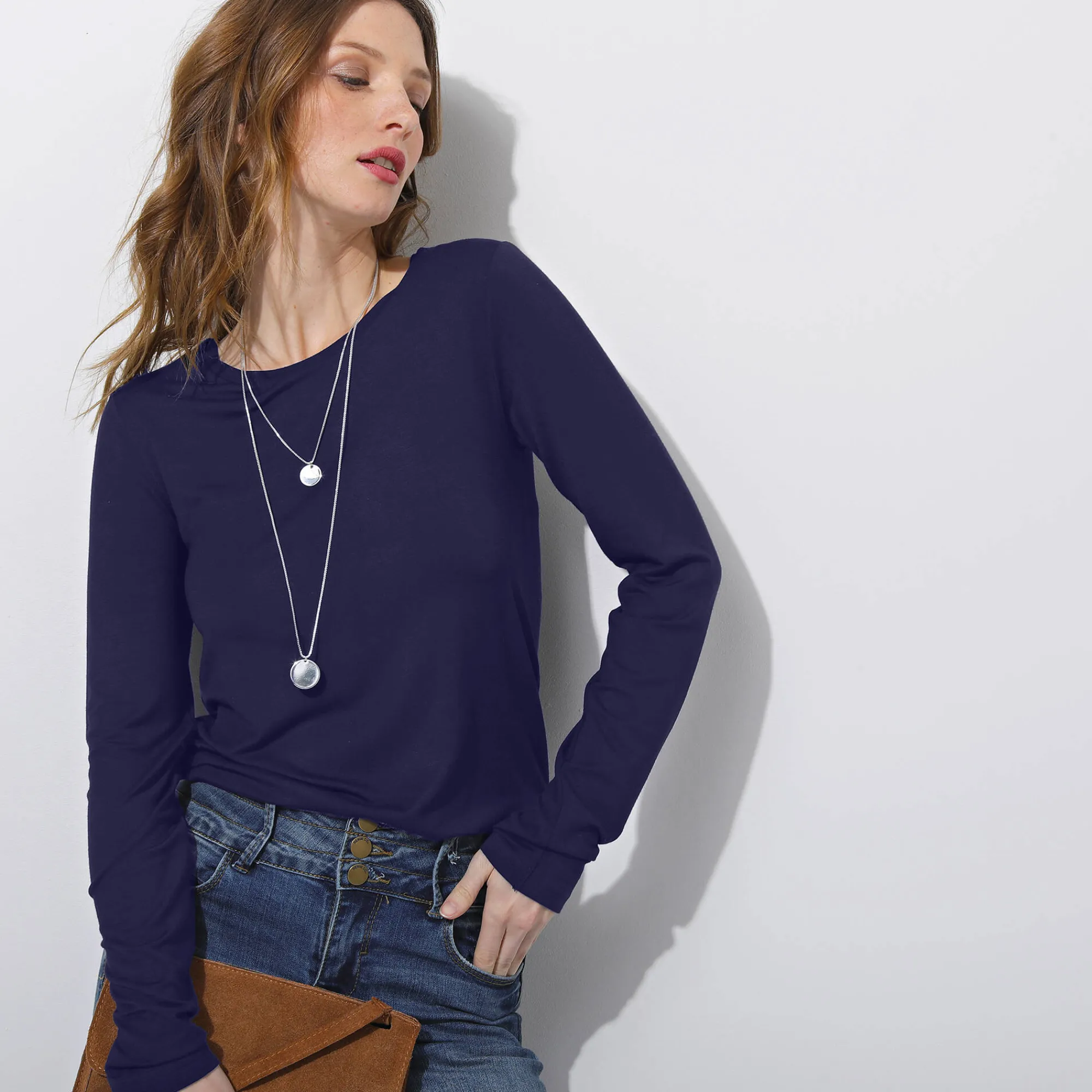 T-Shirt En Topje<Blancheporte Effen T-shirt met ronde hals, in stretchstof marine