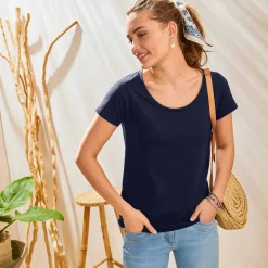 T-Shirt En Topje<Blancheporte Effen T-shirt met ronde hals en korte mouwen, katoen marine