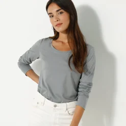 T-Shirt En Topje<Blancheporte Effen T-shirt met ronde hals en lange mouwen grijs