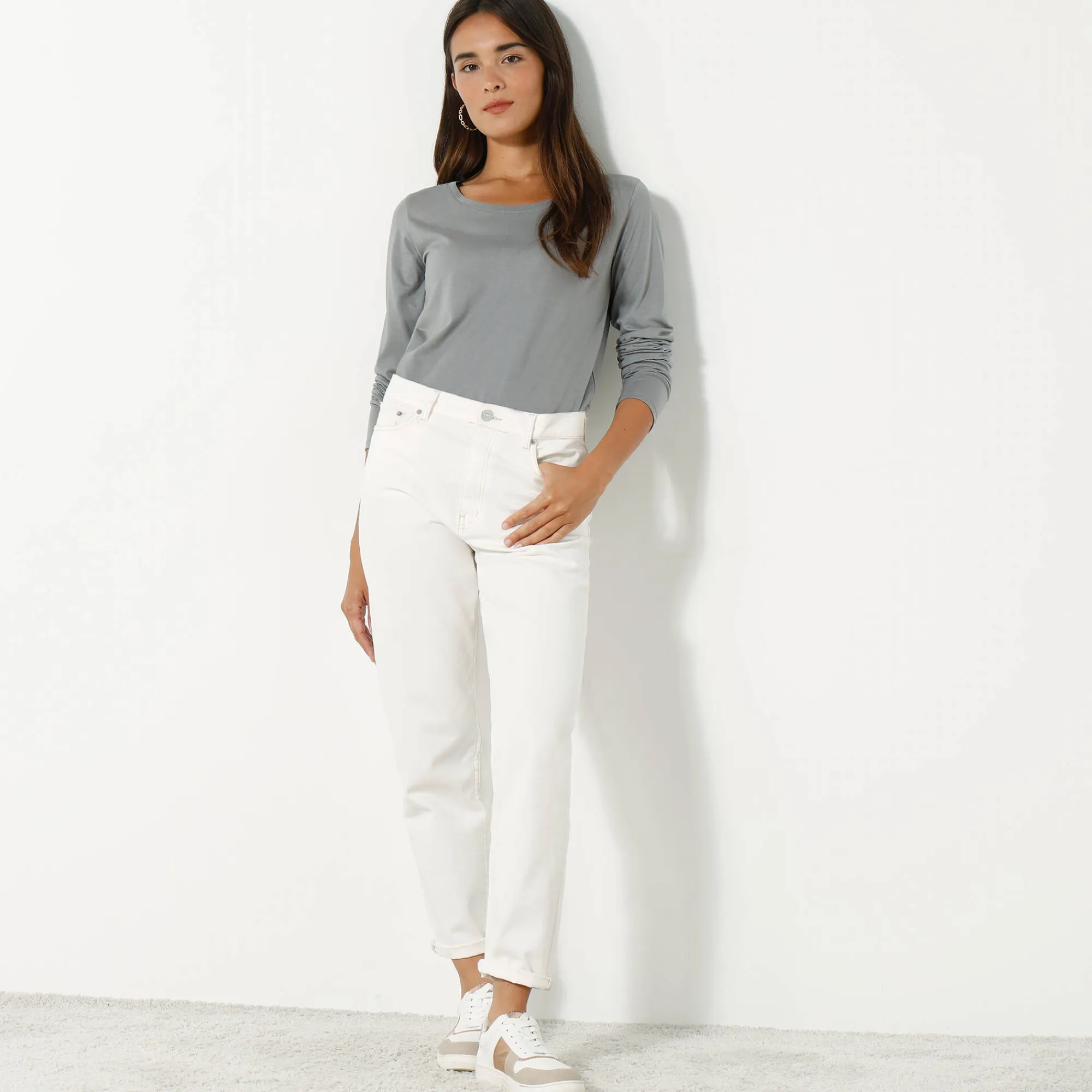 T-Shirt En Topje<Blancheporte Effen T-shirt met ronde hals en lange mouwen grijs