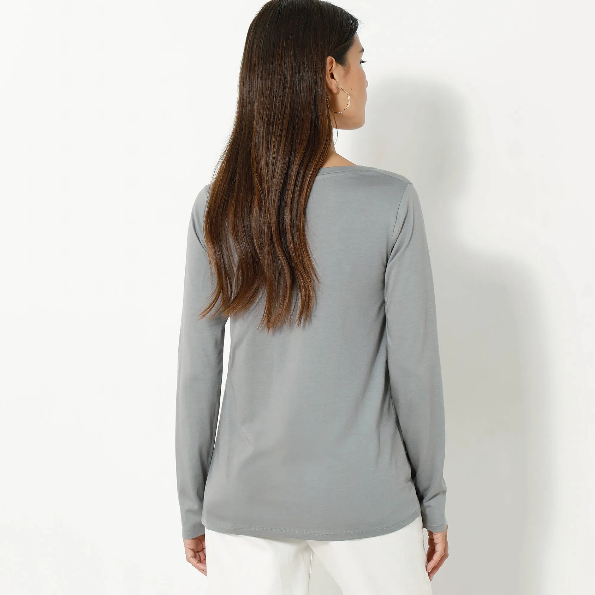 T-Shirt En Topje<Blancheporte Effen T-shirt met ronde hals en lange mouwen grijs