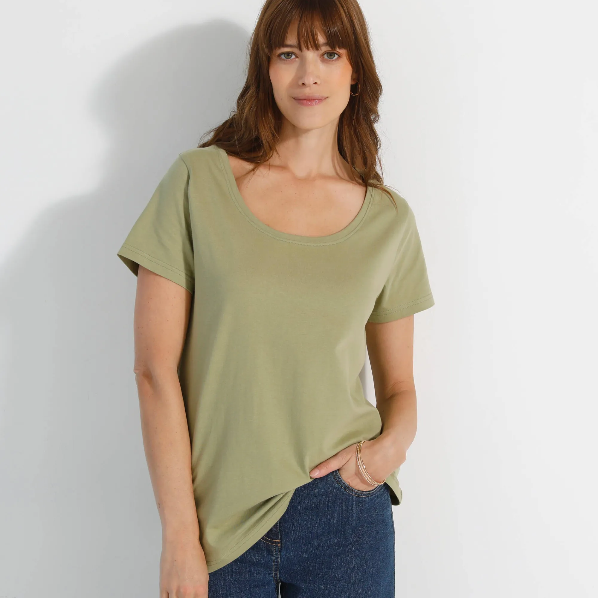 T-Shirt En Topje<Blancheporte Effen T-shirt met ronde hals en korte mouwen, katoen lichtkaki