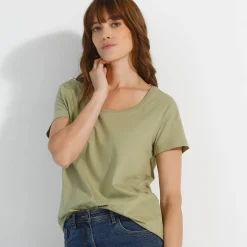T-Shirt En Topje<Blancheporte Effen T-shirt met ronde hals en korte mouwen, katoen lichtkaki