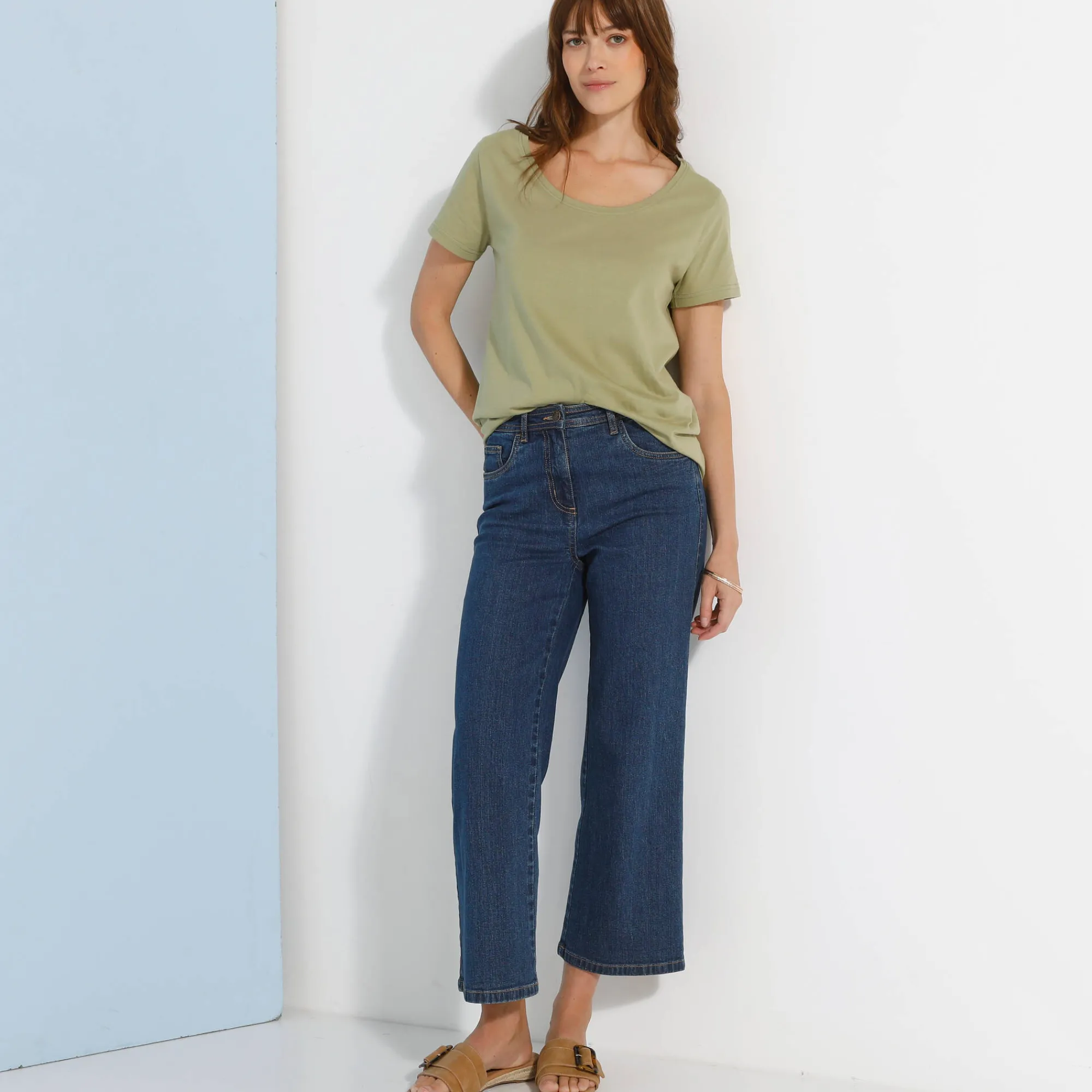T-Shirt En Topje<Blancheporte Effen T-shirt met ronde hals en korte mouwen, katoen lichtkaki