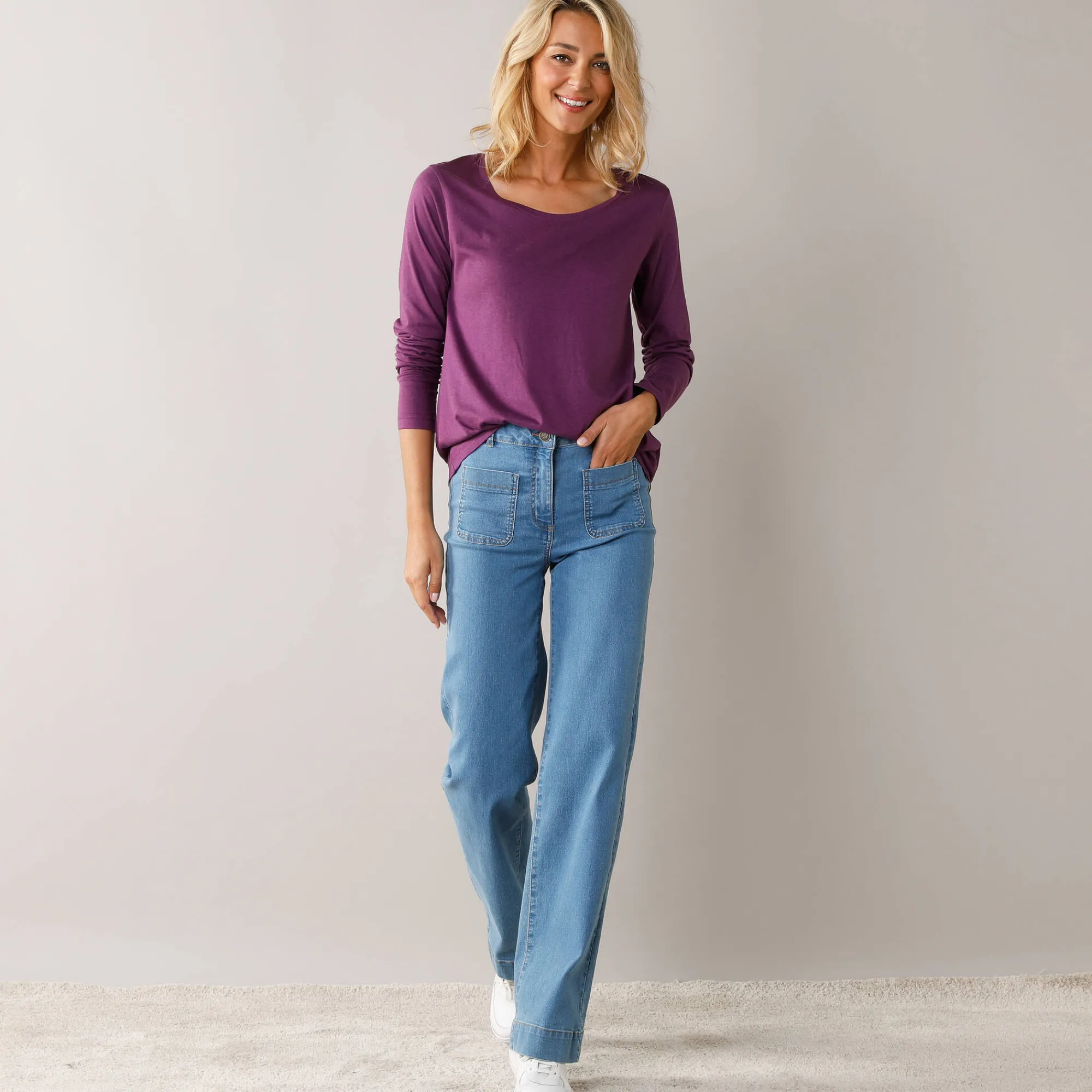 T-Shirt En Topje<Blancheporte Effen T-shirt met ronde hals en lange mouwen paars