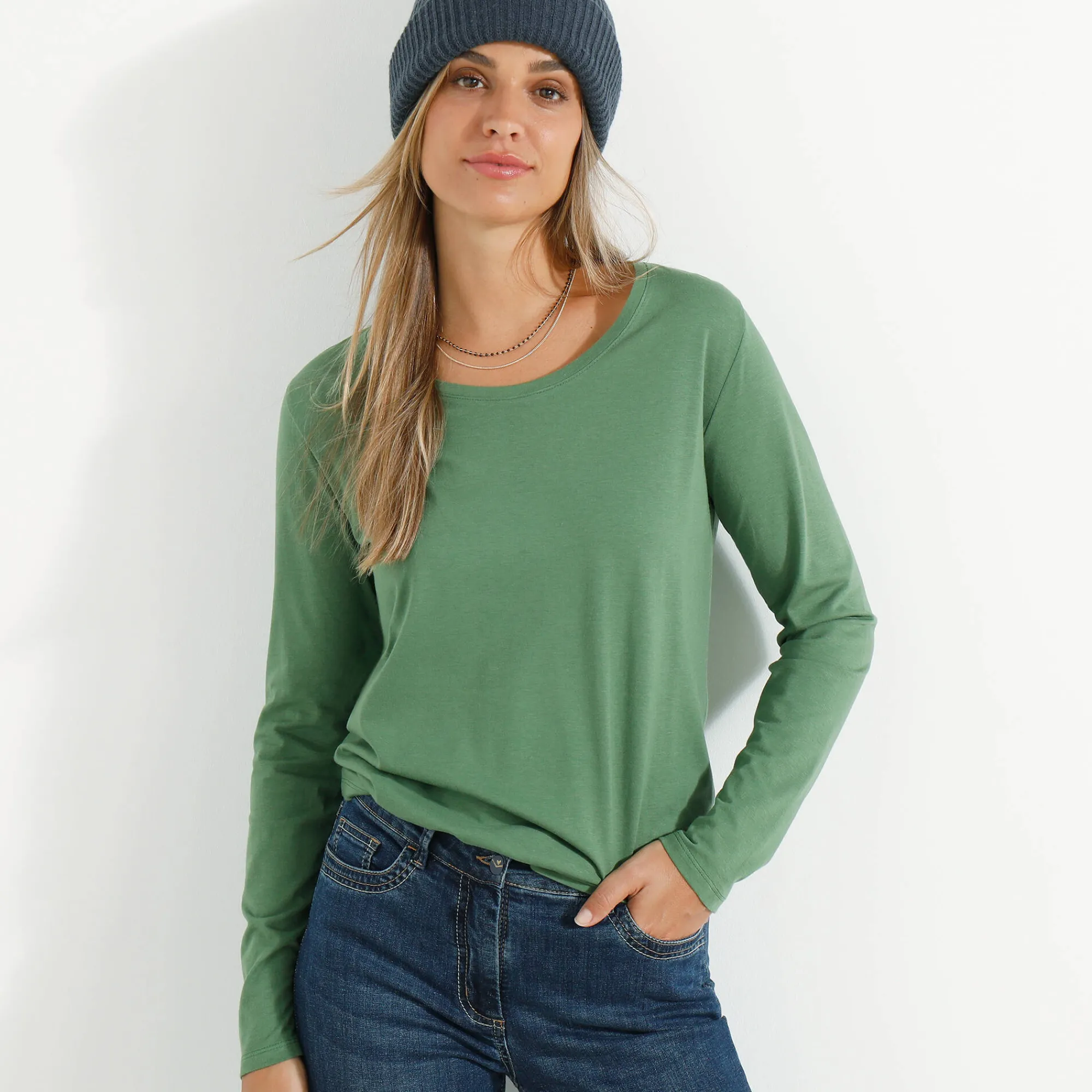 T-Shirt En Topje<Blancheporte Effen T-shirt met ronde hals en lange mouwen mosgroen