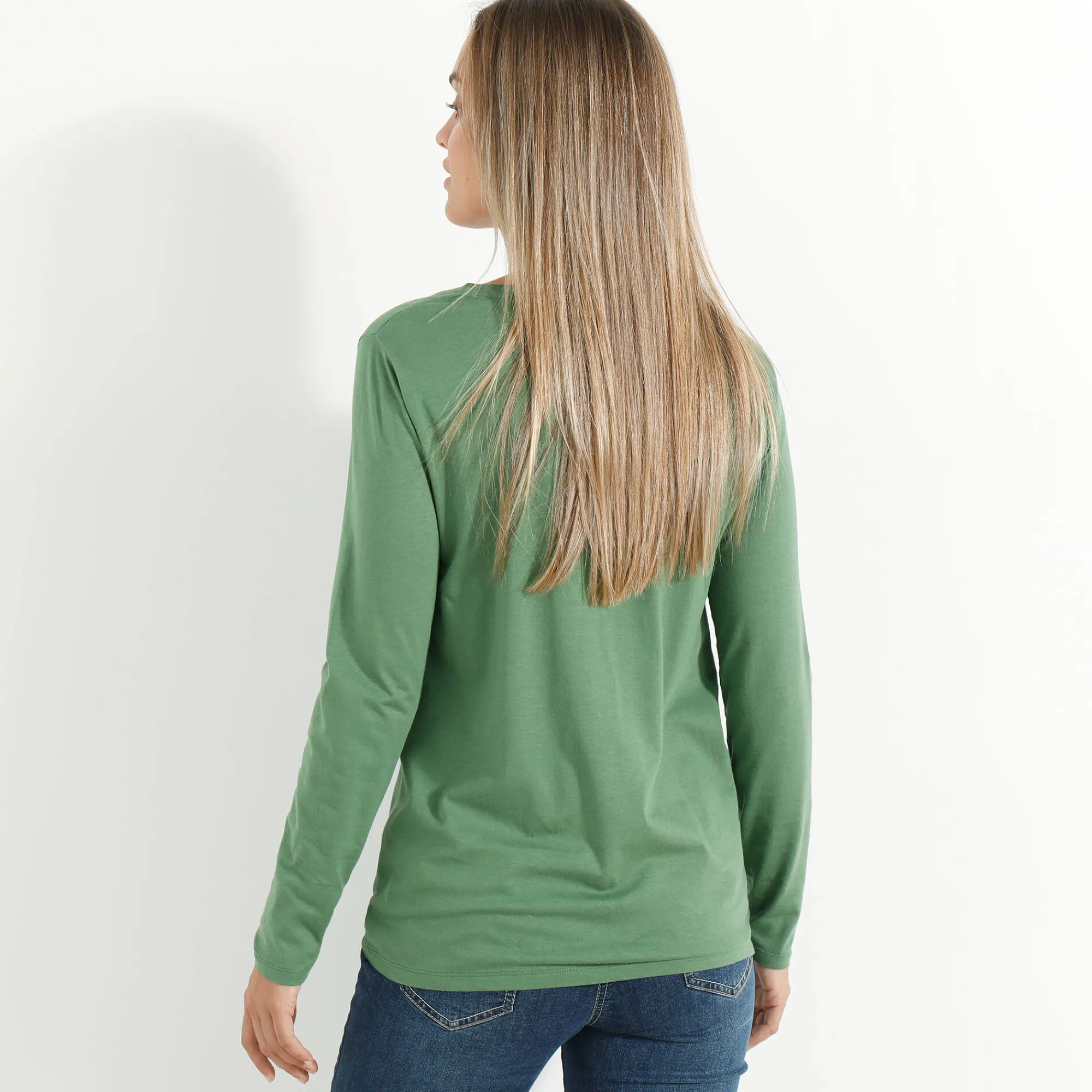 T-Shirt En Topje<Blancheporte Effen T-shirt met ronde hals en lange mouwen mosgroen