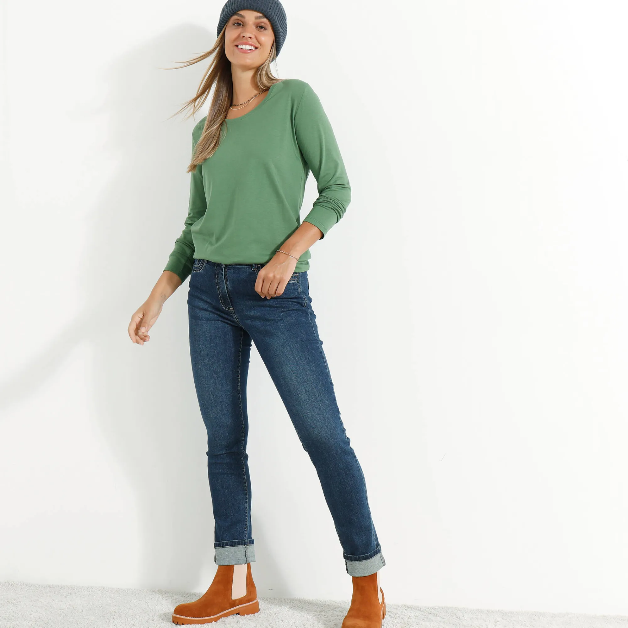 T-Shirt En Topje<Blancheporte Effen T-shirt met ronde hals en lange mouwen mosgroen