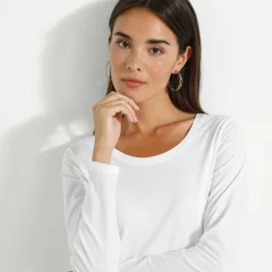 T-Shirt En Topje<Blancheporte Effen T-shirt met ronde hals en lange mouwen wit