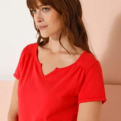 T-Shirt En Topje<Blancheporte Effen T-shirt met Tunesische hals, katoen klaproosrood