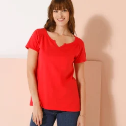 T-Shirt En Topje<Blancheporte Effen T-shirt met Tunesische hals, katoen klaproosrood