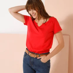 T-Shirt En Topje<Blancheporte Effen T-shirt met Tunesische hals, katoen klaproosrood