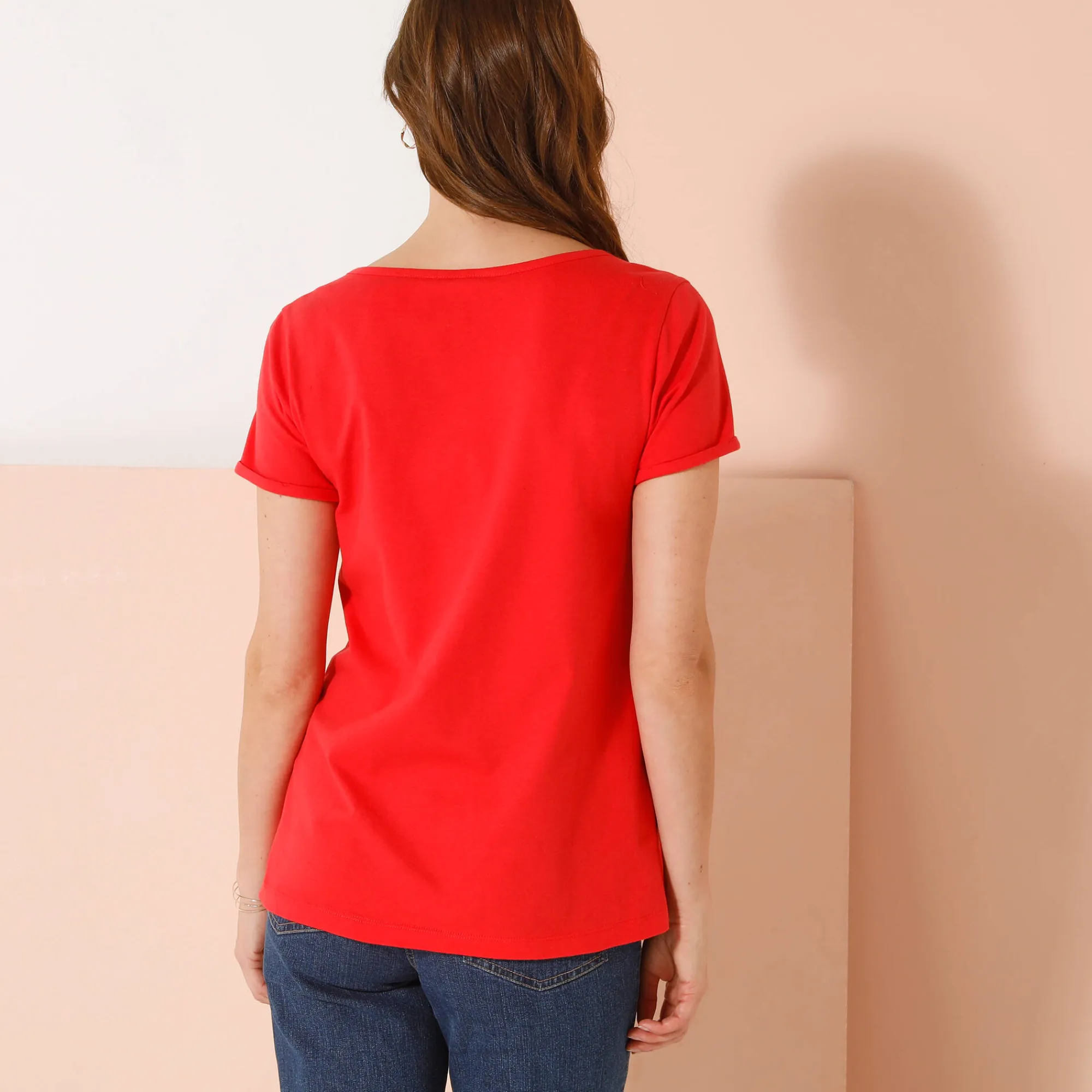 T-Shirt En Topje<Blancheporte Effen T-shirt met Tunesische hals, katoen klaproosrood