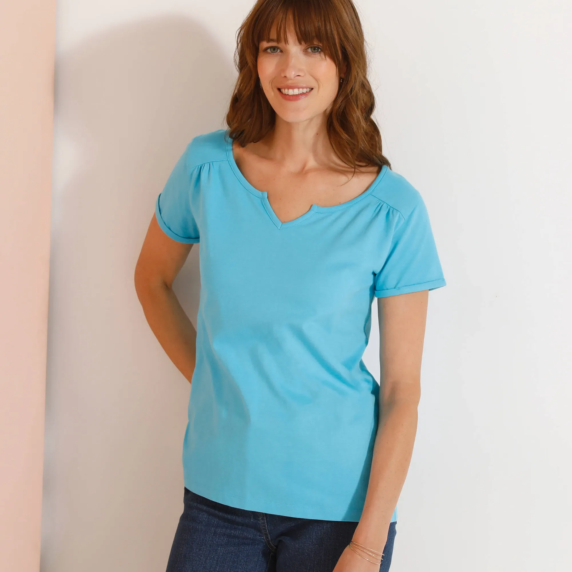 T-Shirt En Topje<Blancheporte Effen T-shirt met Tunesische hals, katoen turkooisblauw