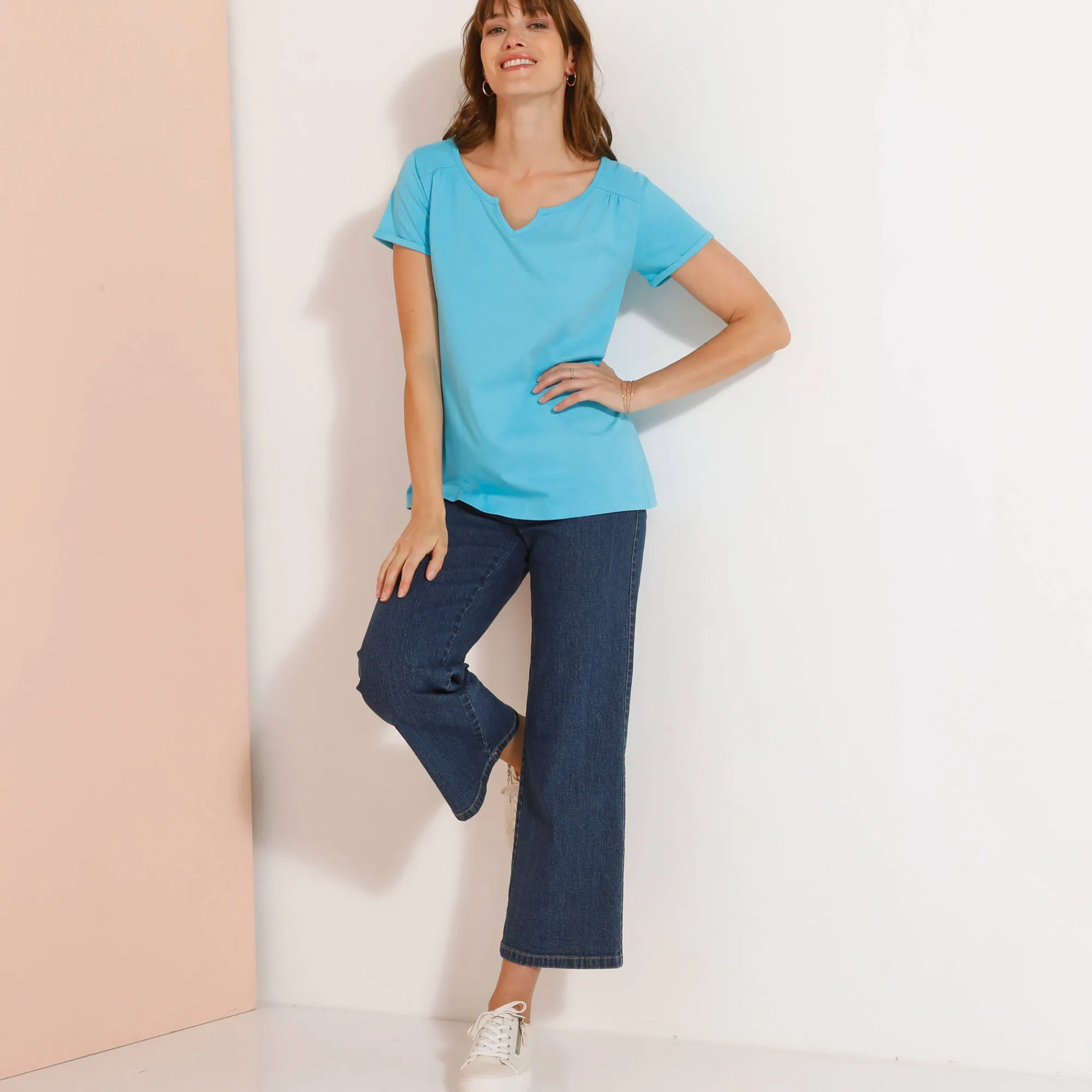 T-Shirt En Topje<Blancheporte Effen T-shirt met Tunesische hals, katoen turkooisblauw