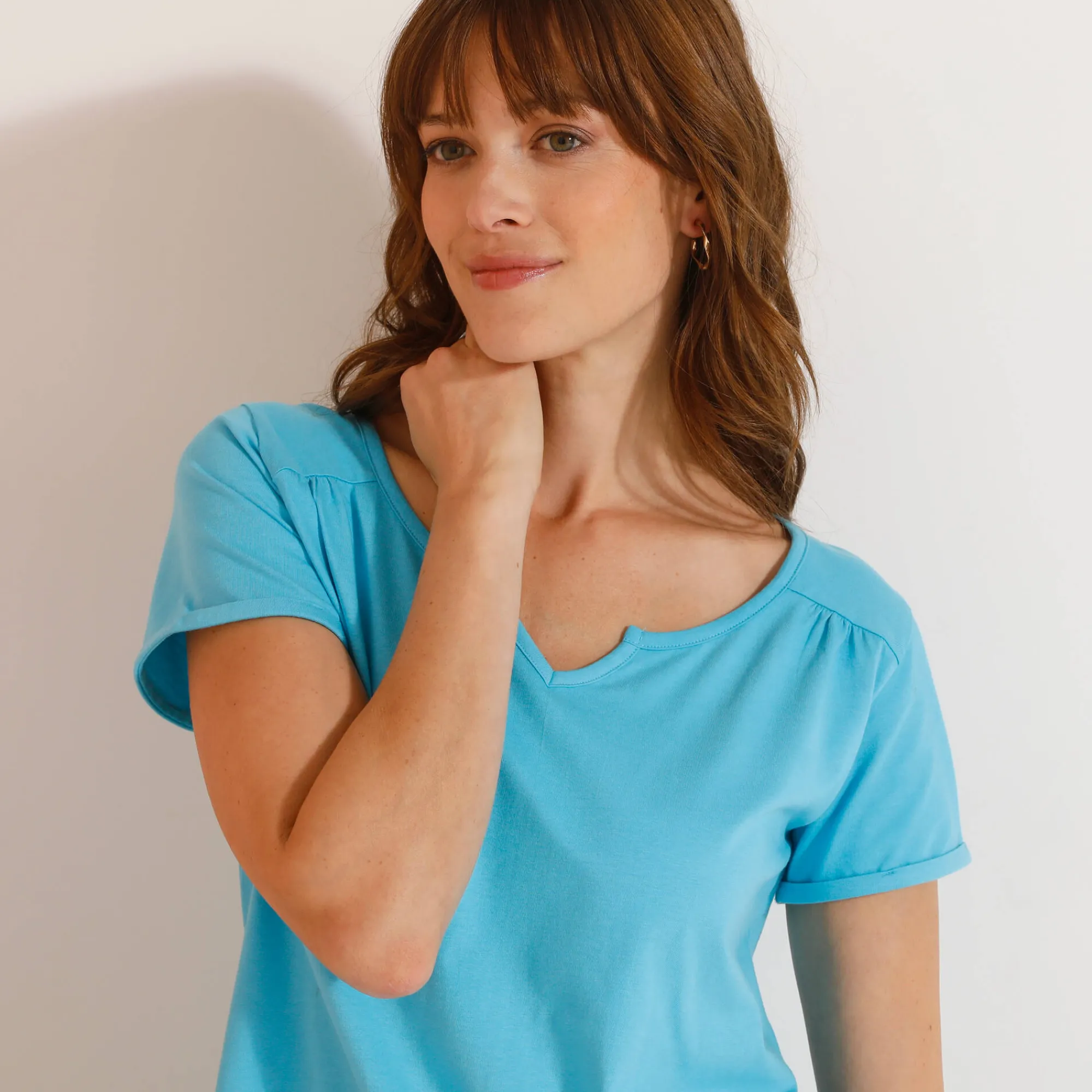 T-Shirt En Topje<Blancheporte Effen T-shirt met Tunesische hals, katoen turkooisblauw