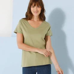 T-Shirt En Topje<Blancheporte Effen T-shirt met V-hals en korte mouwen, katoen lichtkaki