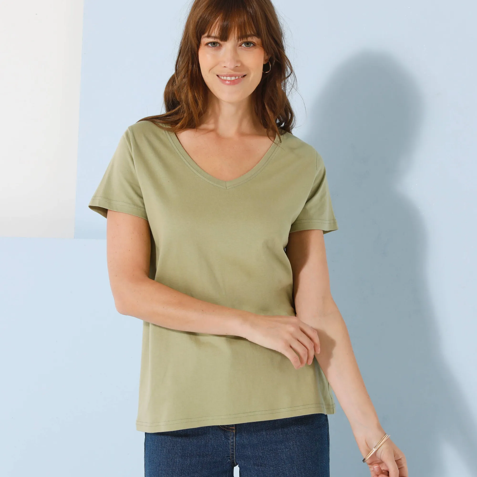 T-Shirt En Topje<Blancheporte Effen T-shirt met V-hals en korte mouwen, katoen lichtkaki