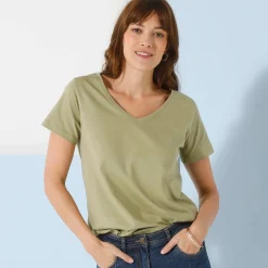T-Shirt En Topje<Blancheporte Effen T-shirt met V-hals en korte mouwen, katoen lichtkaki