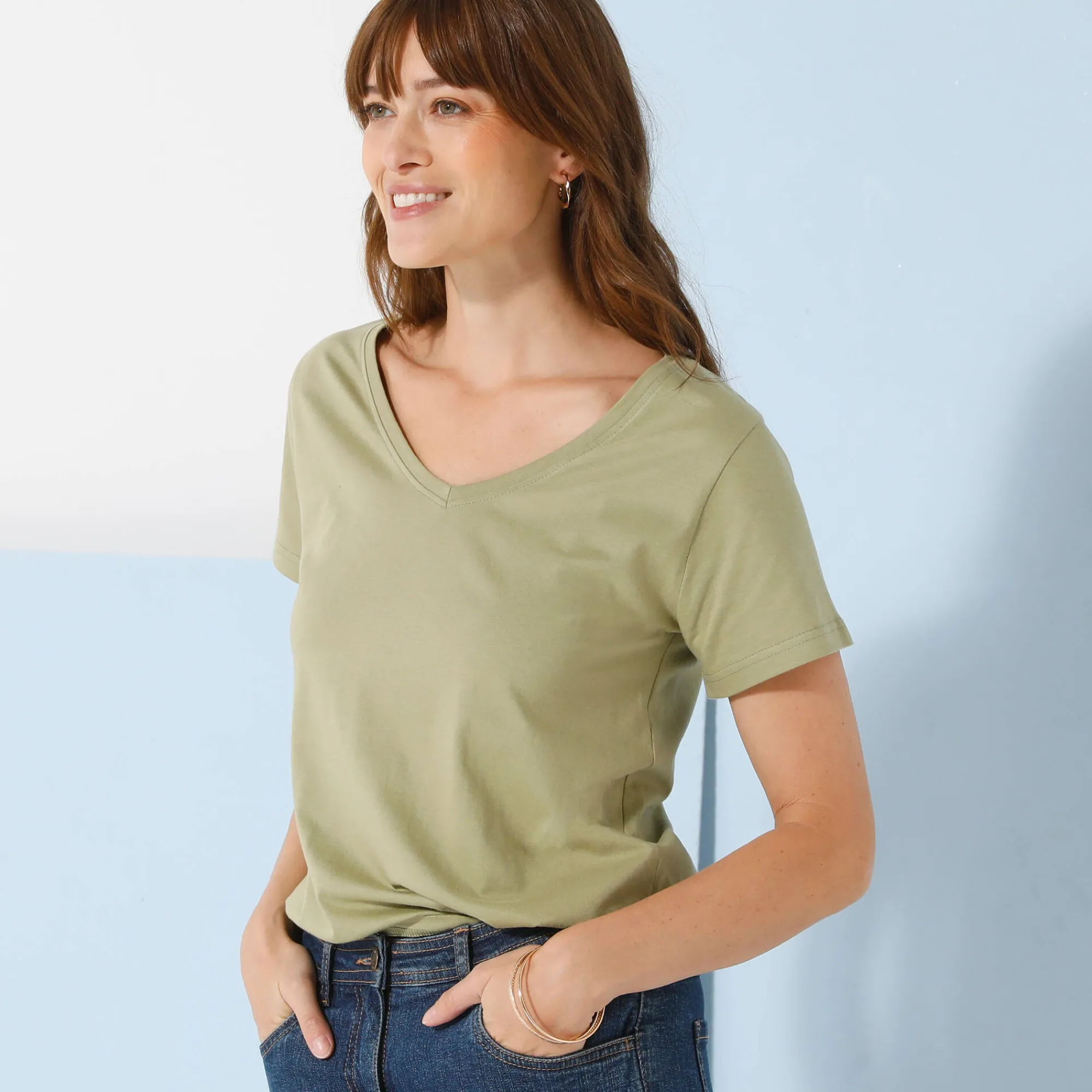 T-Shirt En Topje<Blancheporte Effen T-shirt met V-hals en korte mouwen, katoen lichtkaki