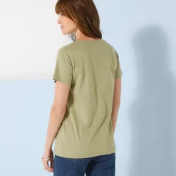 T-Shirt En Topje<Blancheporte Effen T-shirt met V-hals en korte mouwen, katoen lichtkaki