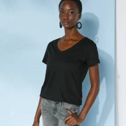 T-Shirt En Topje<Blancheporte Effen T-shirt met V-hals en korte mouwen, katoen zwart