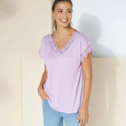 T-Shirt En Topje<Blancheporte Effen T-shirt met V-hals en macramé parma
