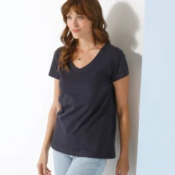 T-Shirt En Topje<Blancheporte Effen T-shirt met V-hals en korte mouwen, katoen marine