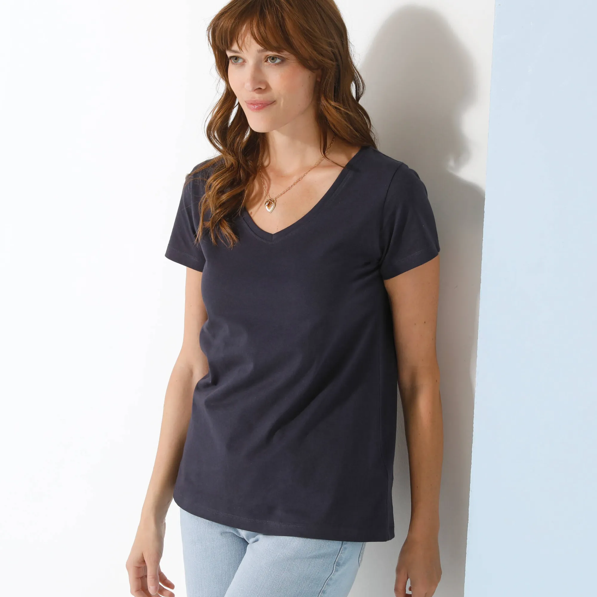 T-Shirt En Topje<Blancheporte Effen T-shirt met V-hals en korte mouwen, katoen marine