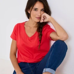 T-Shirt En Topje<Blancheporte Effen T-shirt met V-hals en korte mouwen, katoen klaproosrood