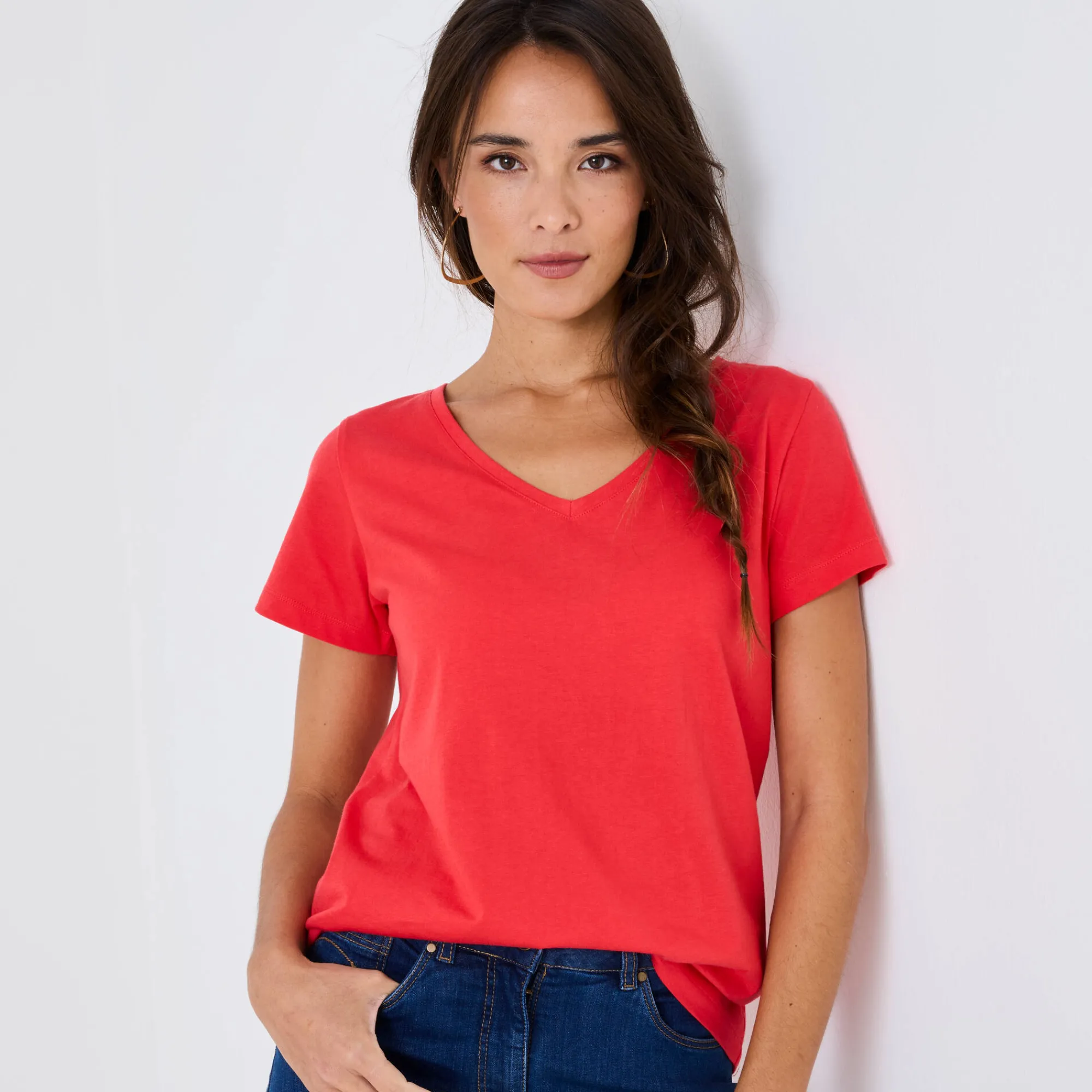 T-Shirt En Topje<Blancheporte Effen T-shirt met V-hals en korte mouwen, katoen klaproosrood