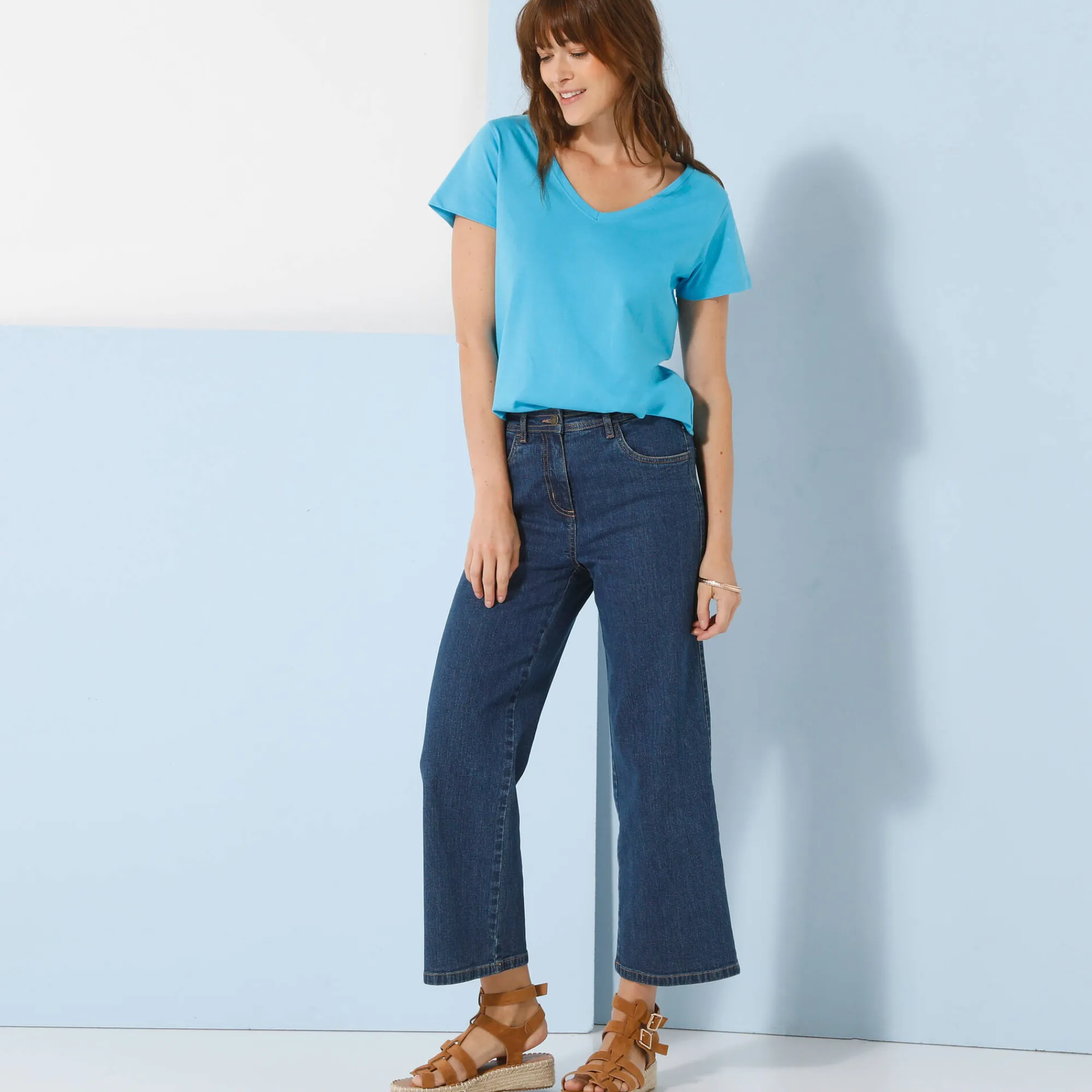 T-Shirt En Topje<Blancheporte Effen T-shirt met V-hals en korte mouwen, katoen turkooisblauw