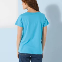 T-Shirt En Topje<Blancheporte Effen T-shirt met V-hals en korte mouwen, katoen turkooisblauw