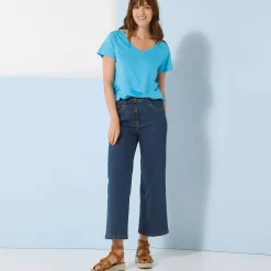 T-Shirt En Topje<Blancheporte Effen T-shirt met V-hals en korte mouwen, katoen turkooisblauw