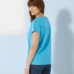 T-Shirt En Topje<Blancheporte Effen T-shirt met V-hals en korte mouwen, katoen turkooisblauw