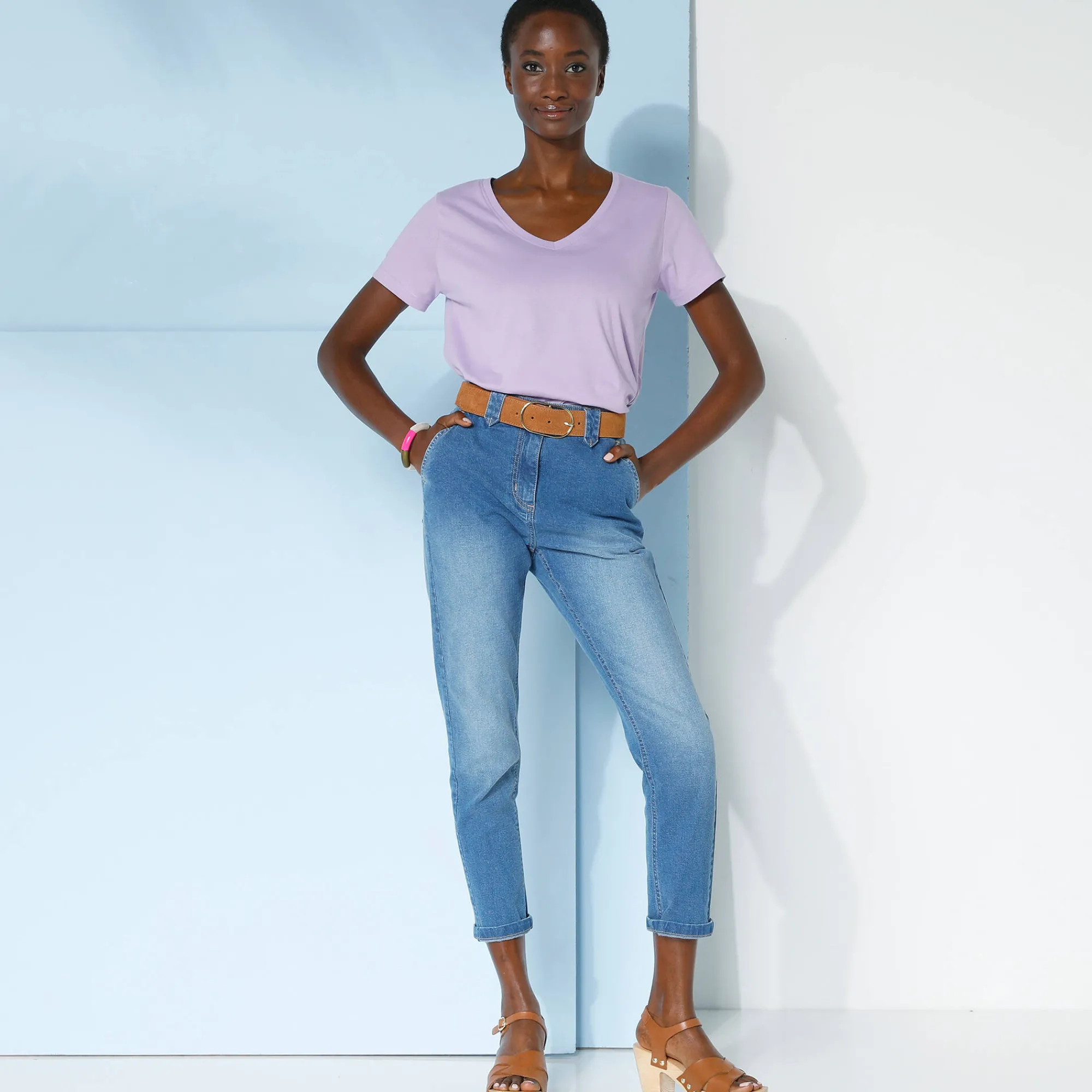 T-Shirt En Topje<Blancheporte Effen T-shirt met V-hals en korte mouwen, katoen mauve