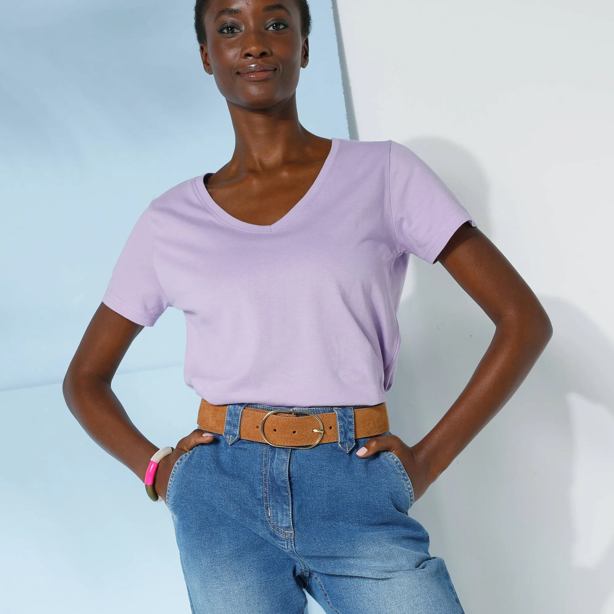 T-Shirt En Topje<Blancheporte Effen T-shirt met V-hals en korte mouwen, katoen mauve