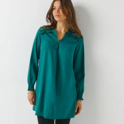 Bloes En Tuniek<Blancheporte Effen tuniek met kant en lange mouwen dennengroen