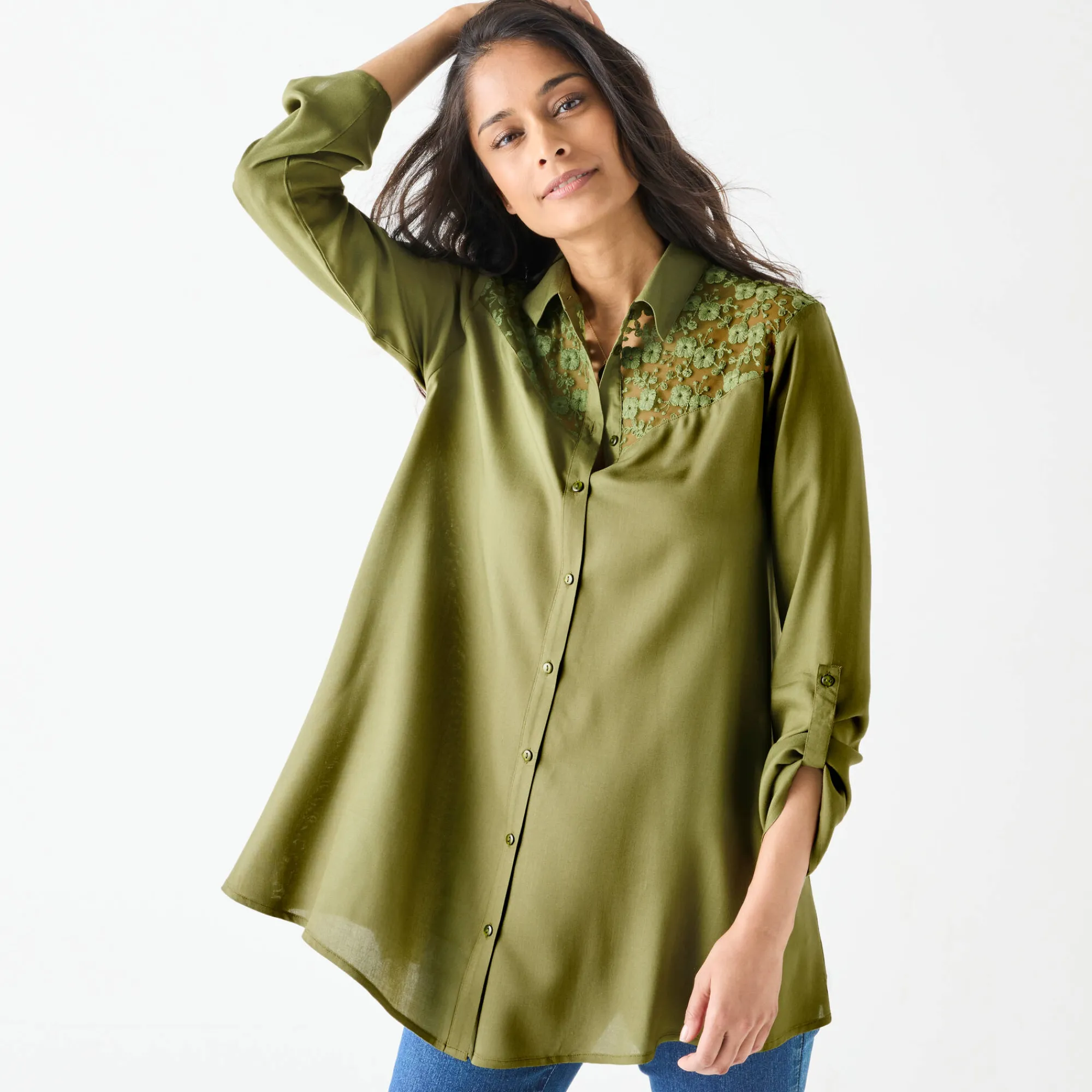 Bloes En Tuniek<Blancheporte Effen tuniek met knopen en kant linde