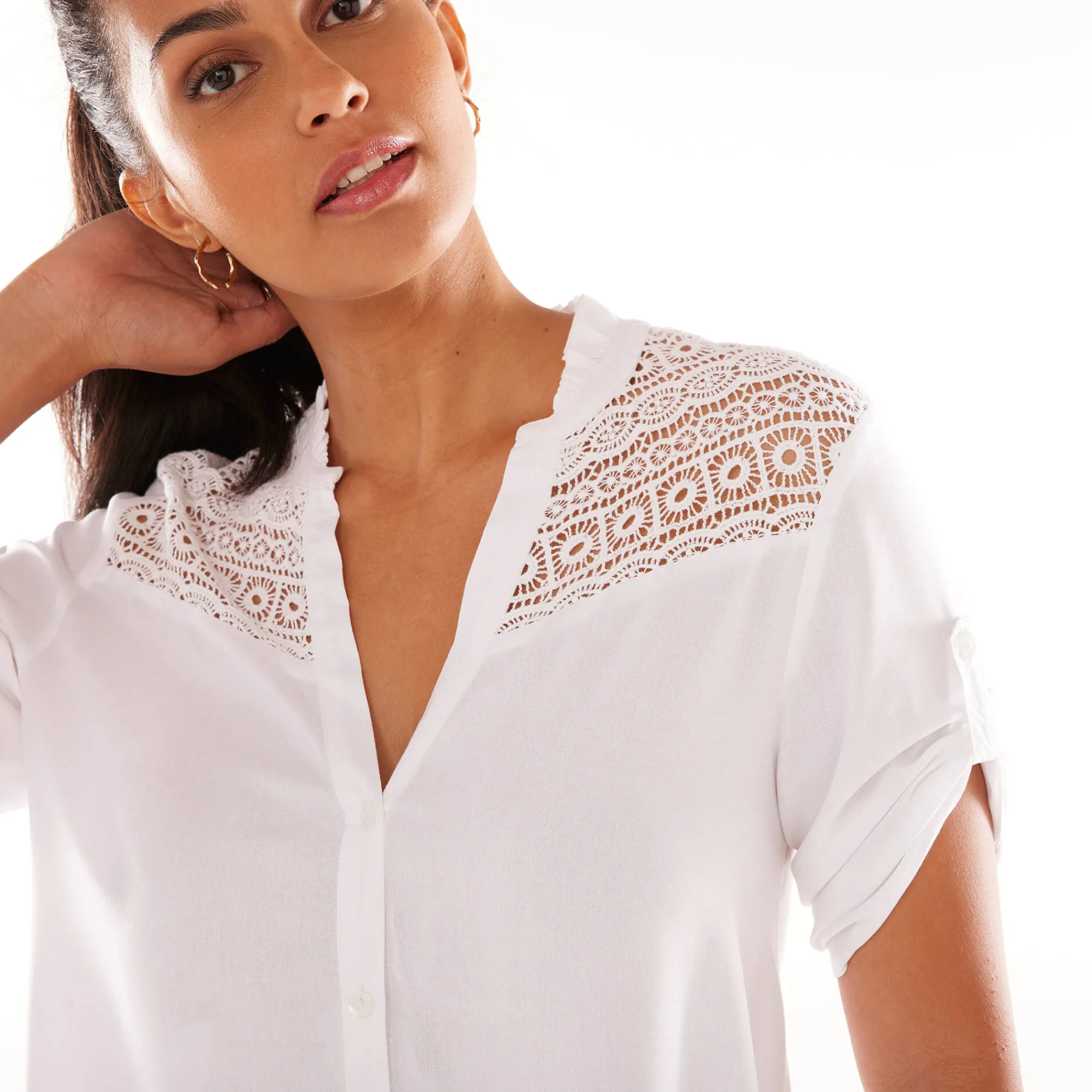 Bloes En Tuniek<Blancheporte Effen tuniek met Tunesische hals en knopen wit