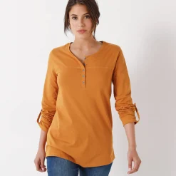 T-Shirt En Topje|Bloes En Tuniek<Blancheporte Effen tuniek met Tunesische hals en lange mouwen saffraangeel