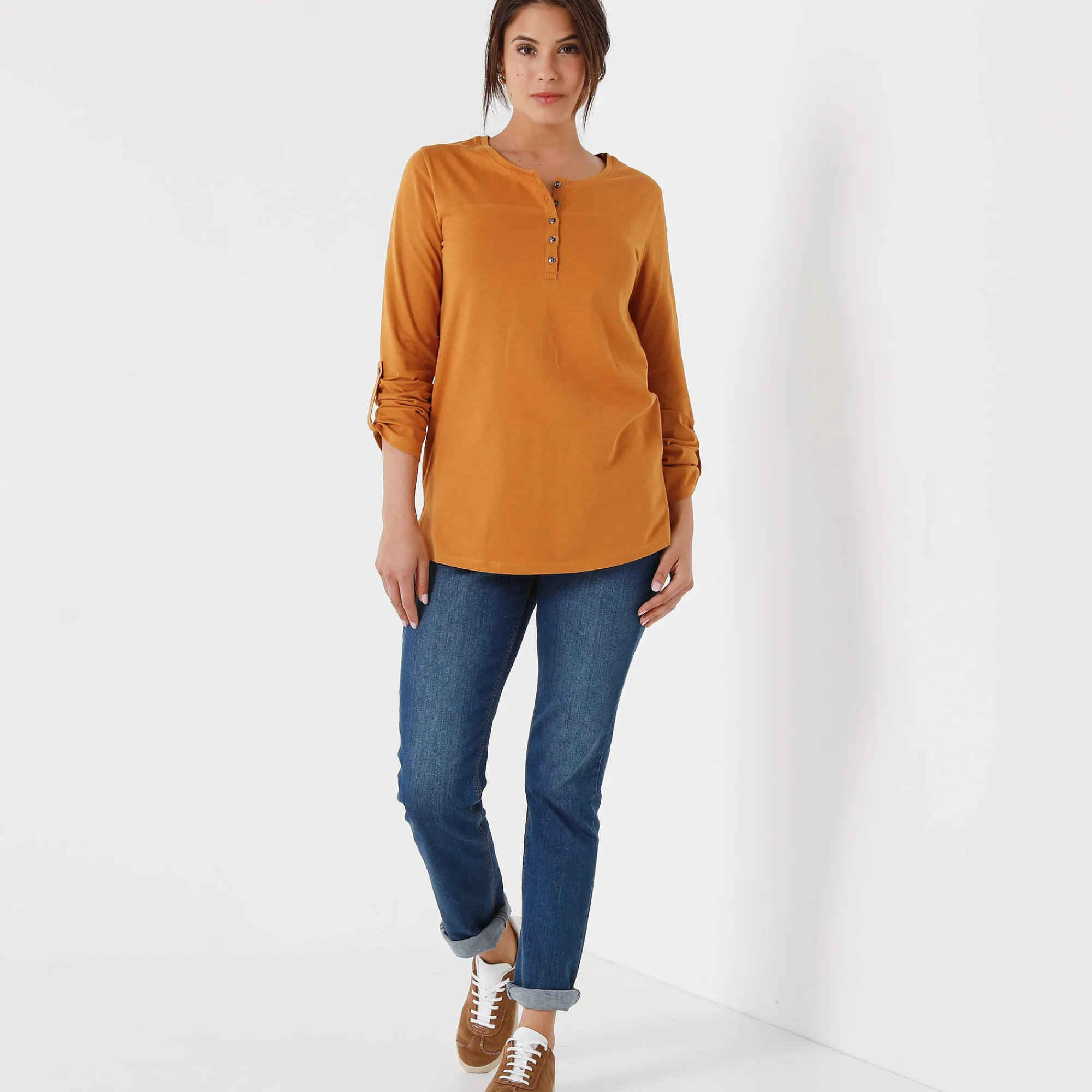 T-Shirt En Topje|Bloes En Tuniek<Blancheporte Effen tuniek met Tunesische hals en lange mouwen saffraangeel
