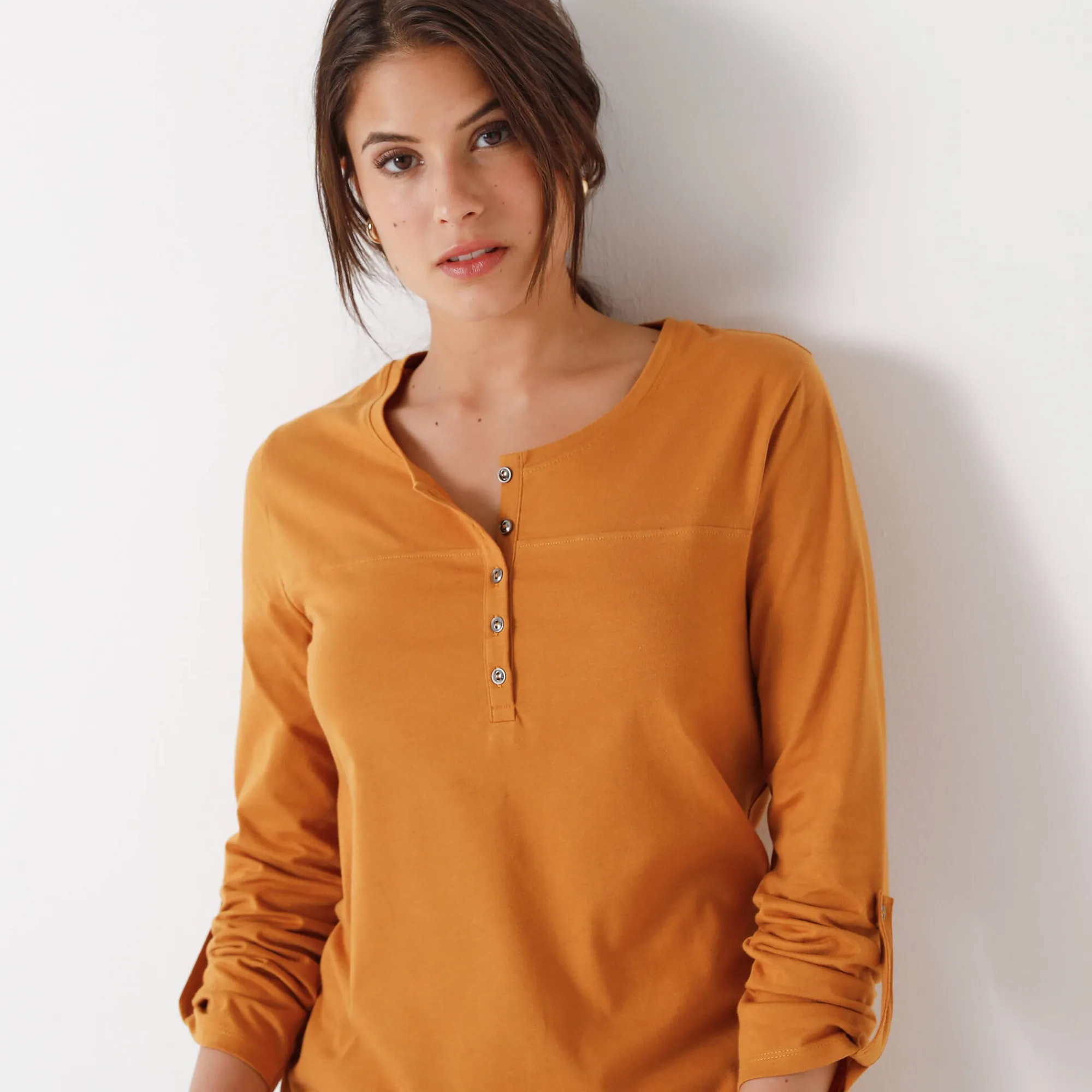 T-Shirt En Topje|Bloes En Tuniek<Blancheporte Effen tuniek met Tunesische hals en lange mouwen saffraangeel