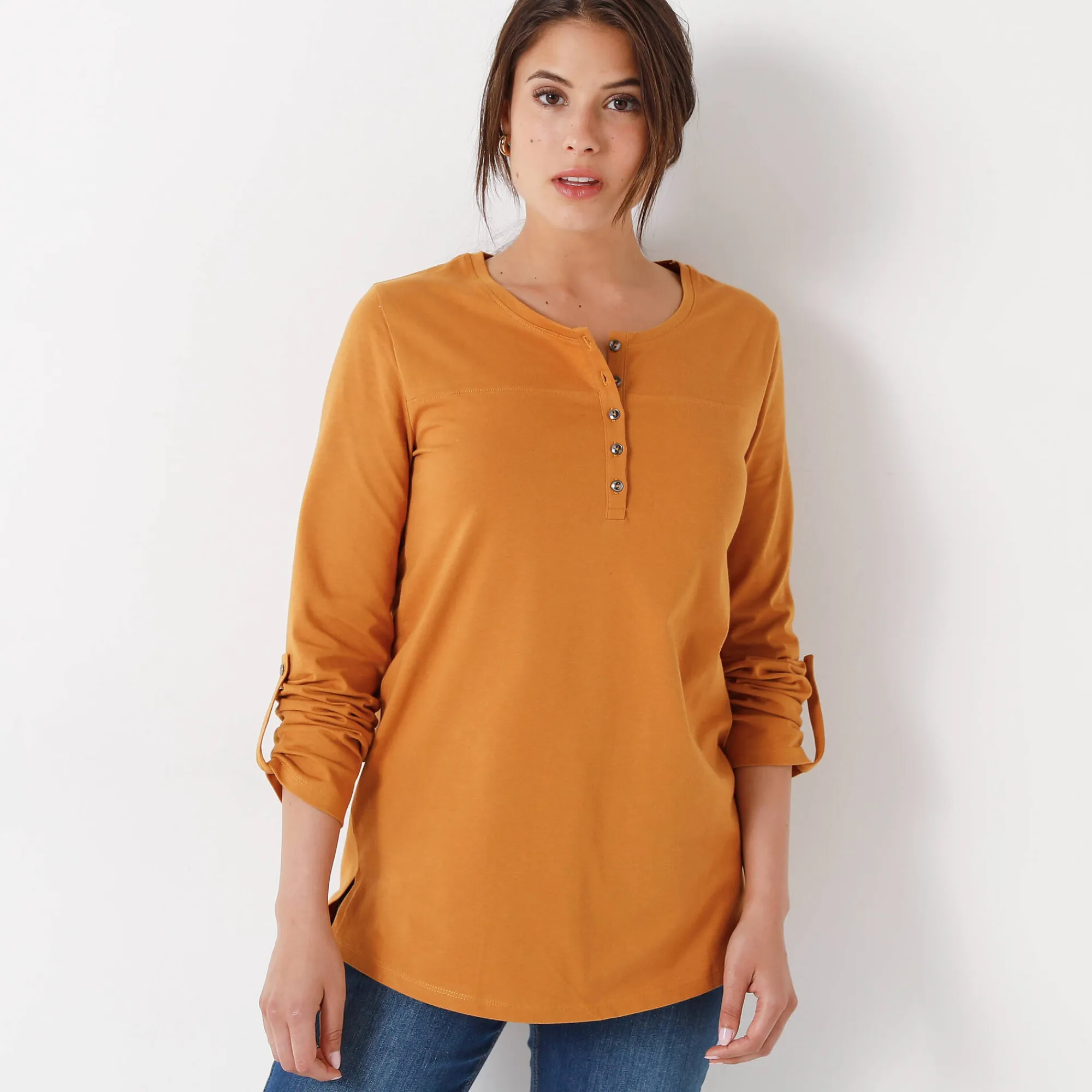T-Shirt En Topje|Bloes En Tuniek<Blancheporte Effen tuniek met Tunesische hals en lange mouwen saffraangeel