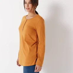 T-Shirt En Topje|Bloes En Tuniek<Blancheporte Effen tuniek met Tunesische hals en lange mouwen saffraangeel